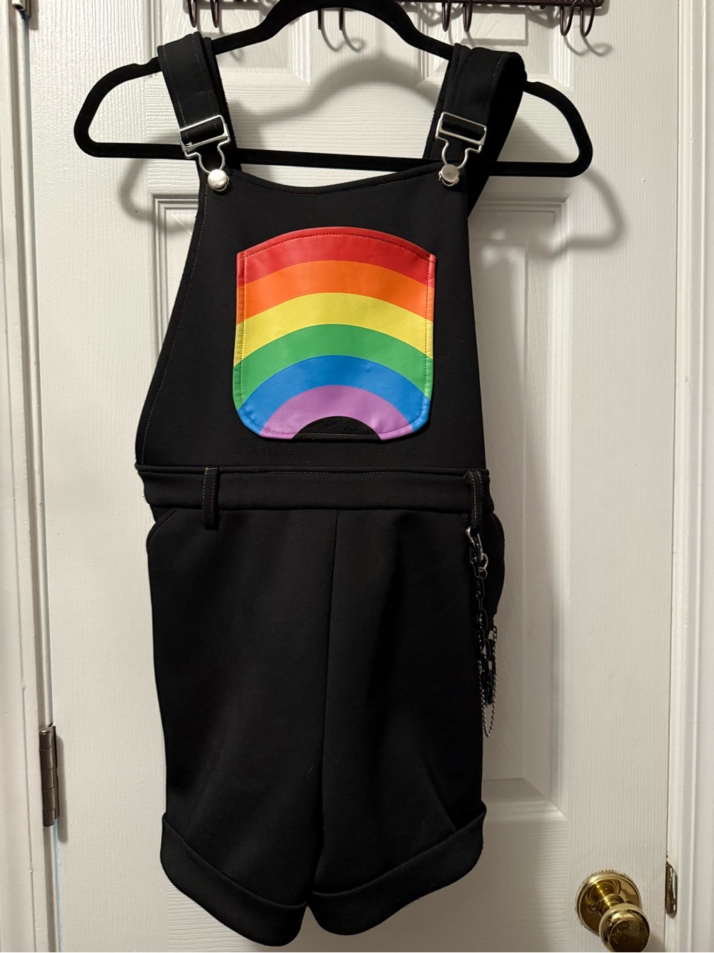Hot Topic Black Short Overalls with Rainbow Front Pocket